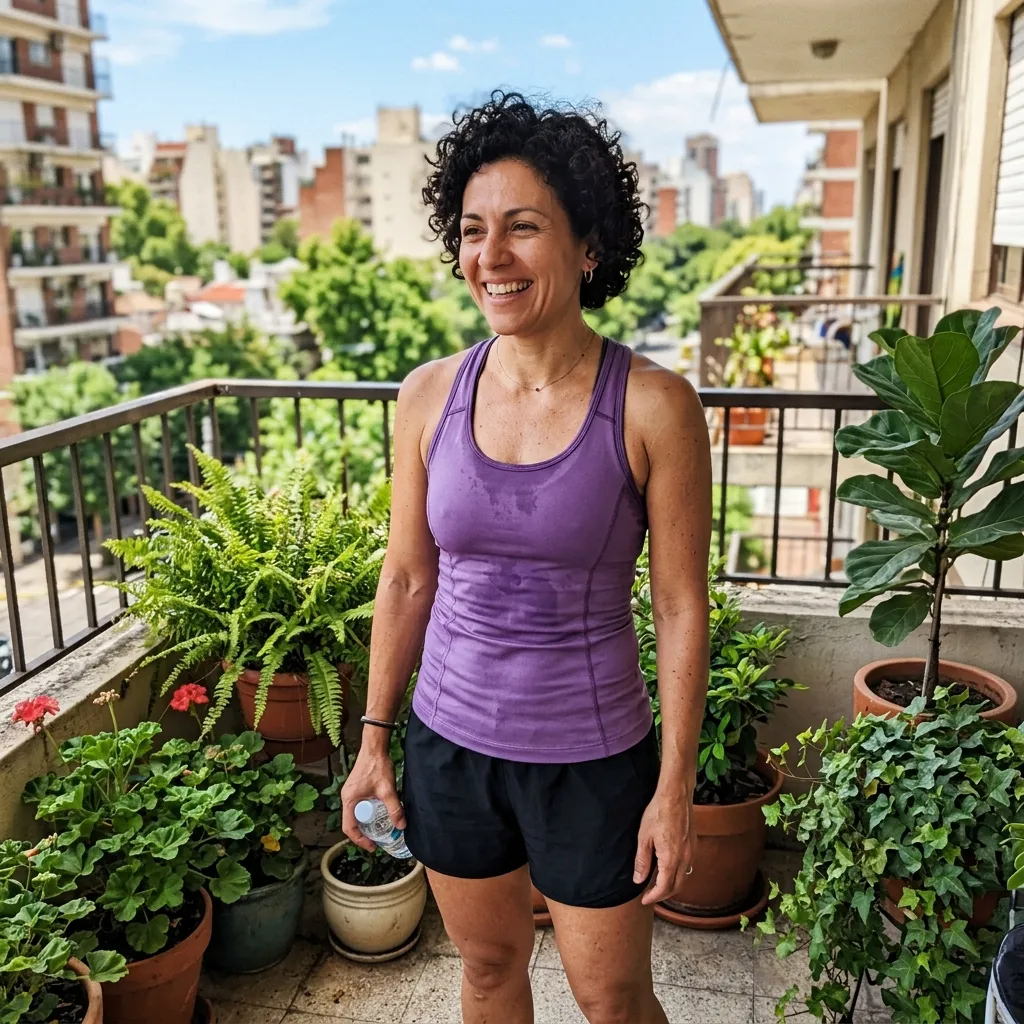 Femme en forme souriante sur un balcon ensoleillé