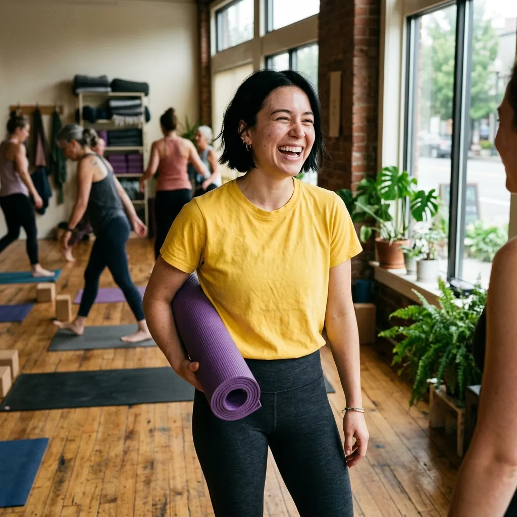 Jeune femme souriante tenant un tapis de yoga dans un studio