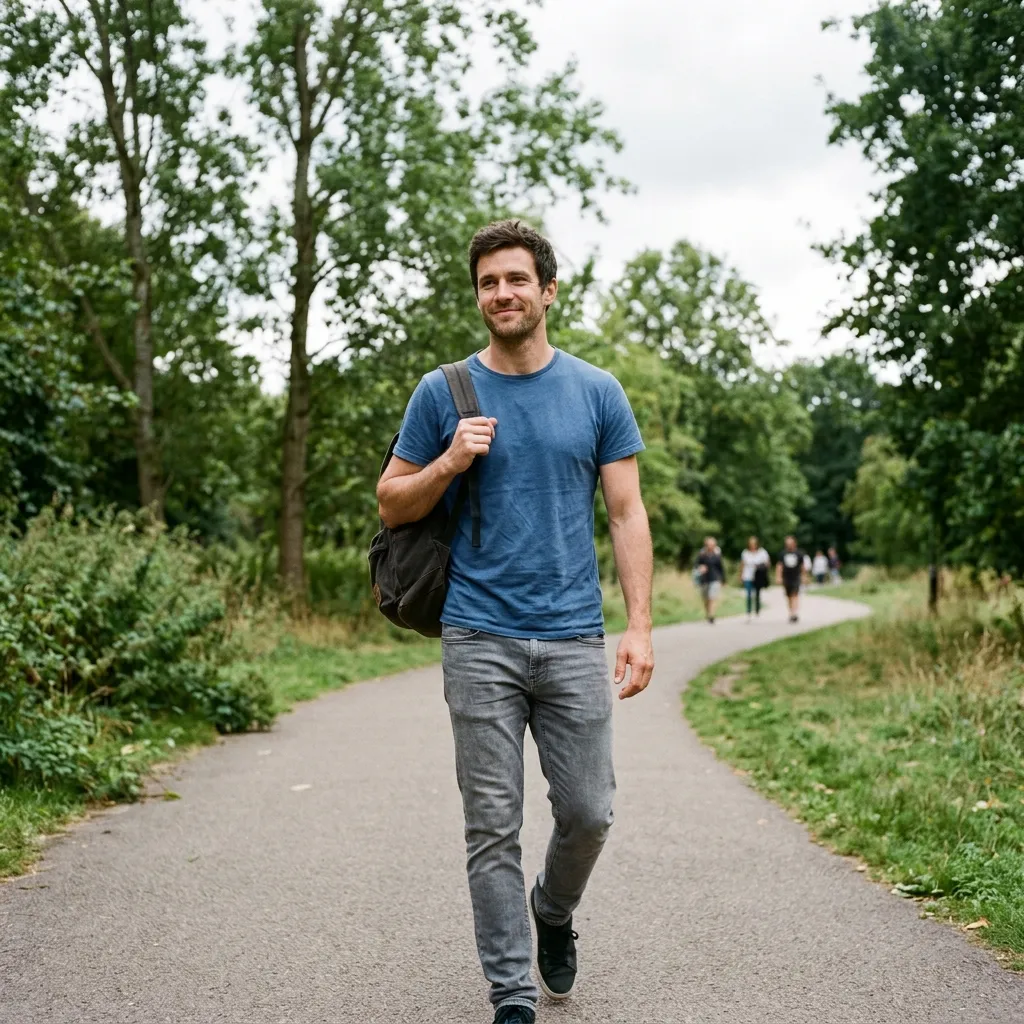 Homme en forme souriant courant sur un chemin