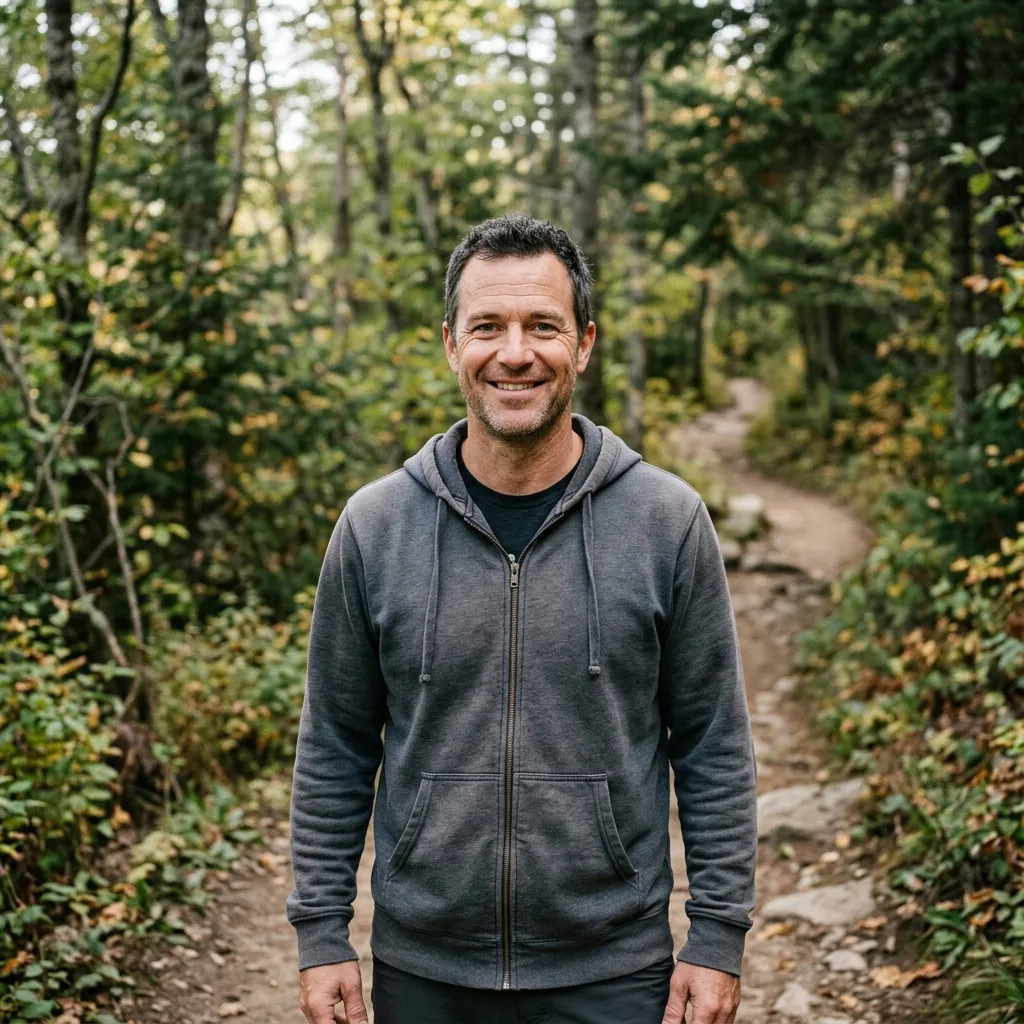 Homme en forme souriant marchant en forêt